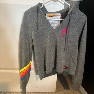 Aviator Nation Gray V-Neck Sweater with Pink and Yellow Accents